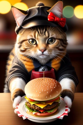 ArtSmart: a cat wearing a hat and holding a hamburger