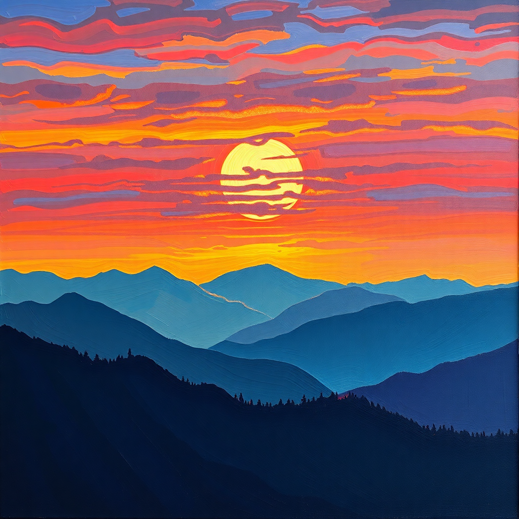 example of ai art generation a sunset over mountains in oil painting style