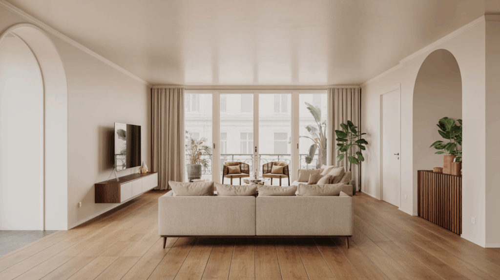 Minimalist Scandinavian living room, white walls, oak wood flooring, beige linen sofa, floor-to-ceiling windows with natural light, indoor plants, photographed with a wide-angle lens, photorealistic render, ultra-detailed textures.