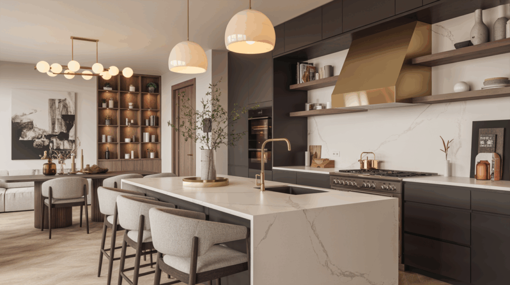 Modern luxury kitchen with marble island, brushed brass fixtures, matte black cabinets, pendant lighting, realistic shadows, cinematic photography, professional-grade interior design visualization.