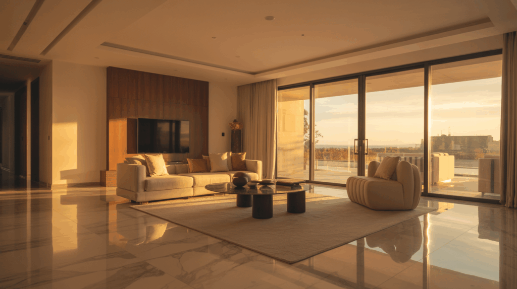 Modern luxury living room with marble flooring and neutral-toned furniture. Sunlight streaming through large floor-to-ceiling windows during golden hour, casting soft warm shadows across the space. Captured as a DSLR photo with a 50mm lens, shallow depth of field, and professional architectural photography style.