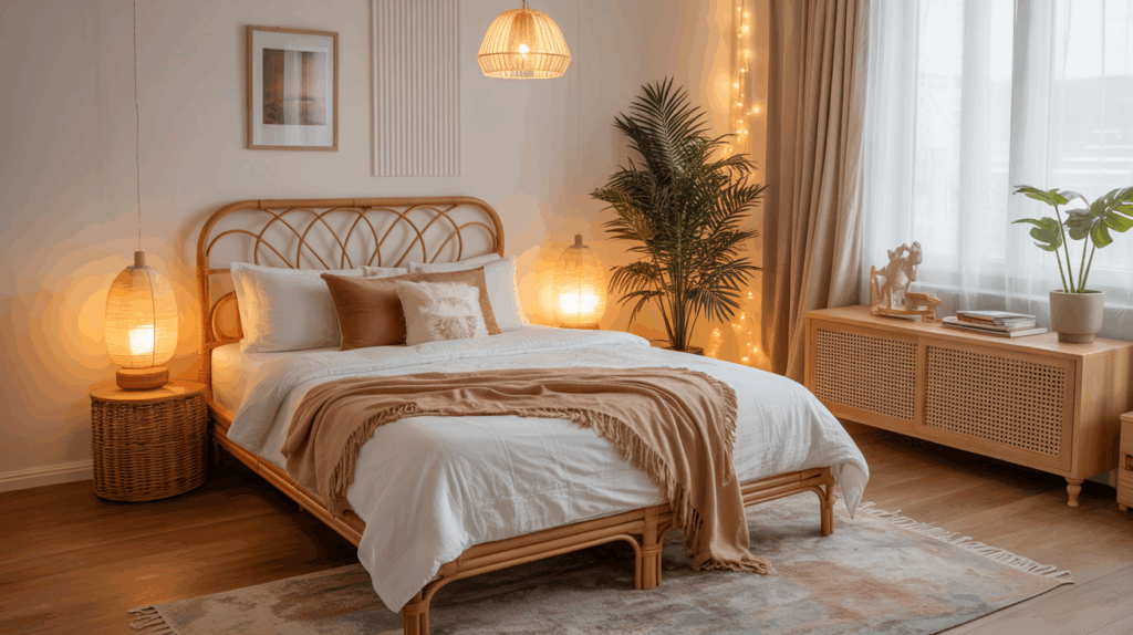 Small cozy bedroom with boho-chic design, rattan bedframe, warm ambient lighting, soft rug, fairy lights, realistic photography, styled for Instagram aesthetic.