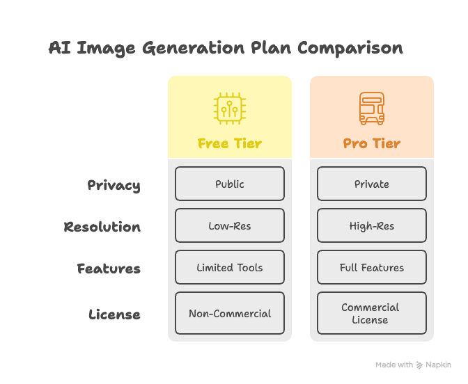 Comparison chart highlighting major differences between free and paid AI image generator plans.