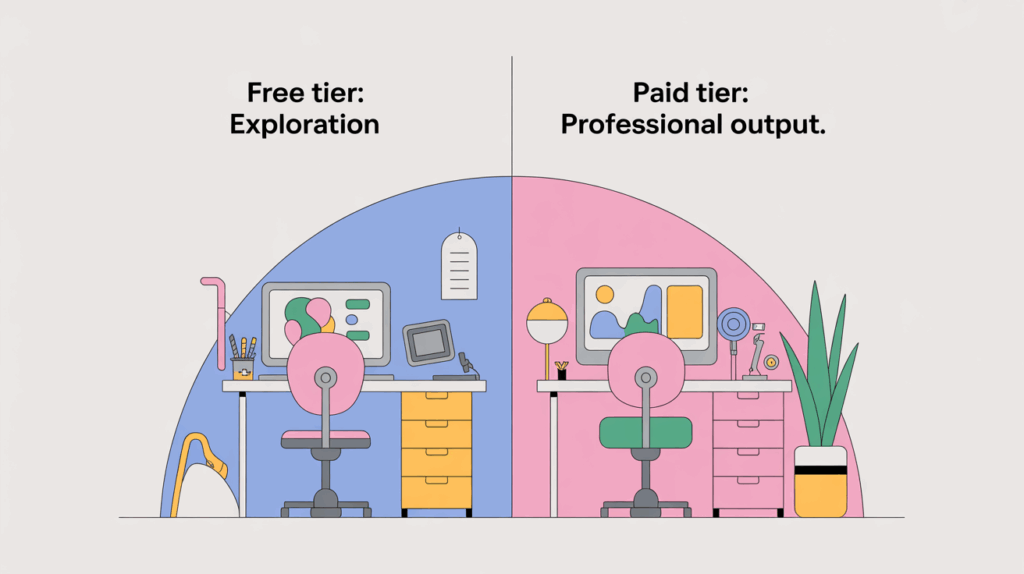 Visual comparison showing how free AI tools enable exploration while paid tiers support professional-scale production.