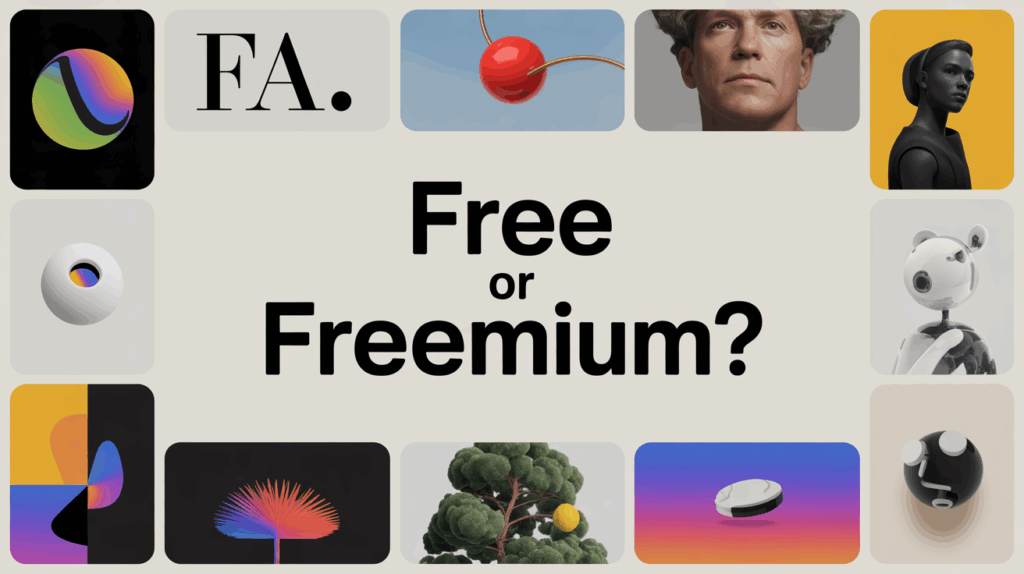 Various AI-generated artworks illustrating the concept of free versus freemium image generation.