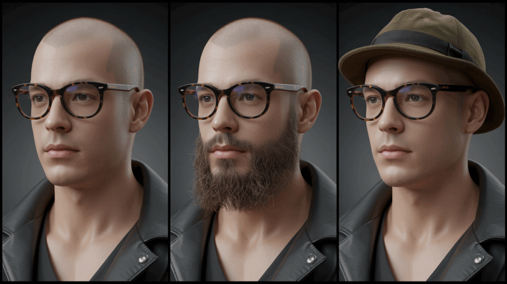 Preview of a bald head paired with different accessories and facial hair on a virtual model