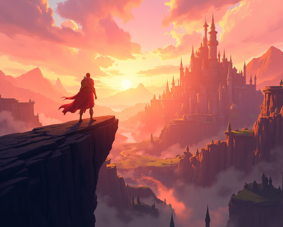 AI-generated fantasy cinematic shot of a hero standing on a cliff overlooking a massive kingdom at sunrise