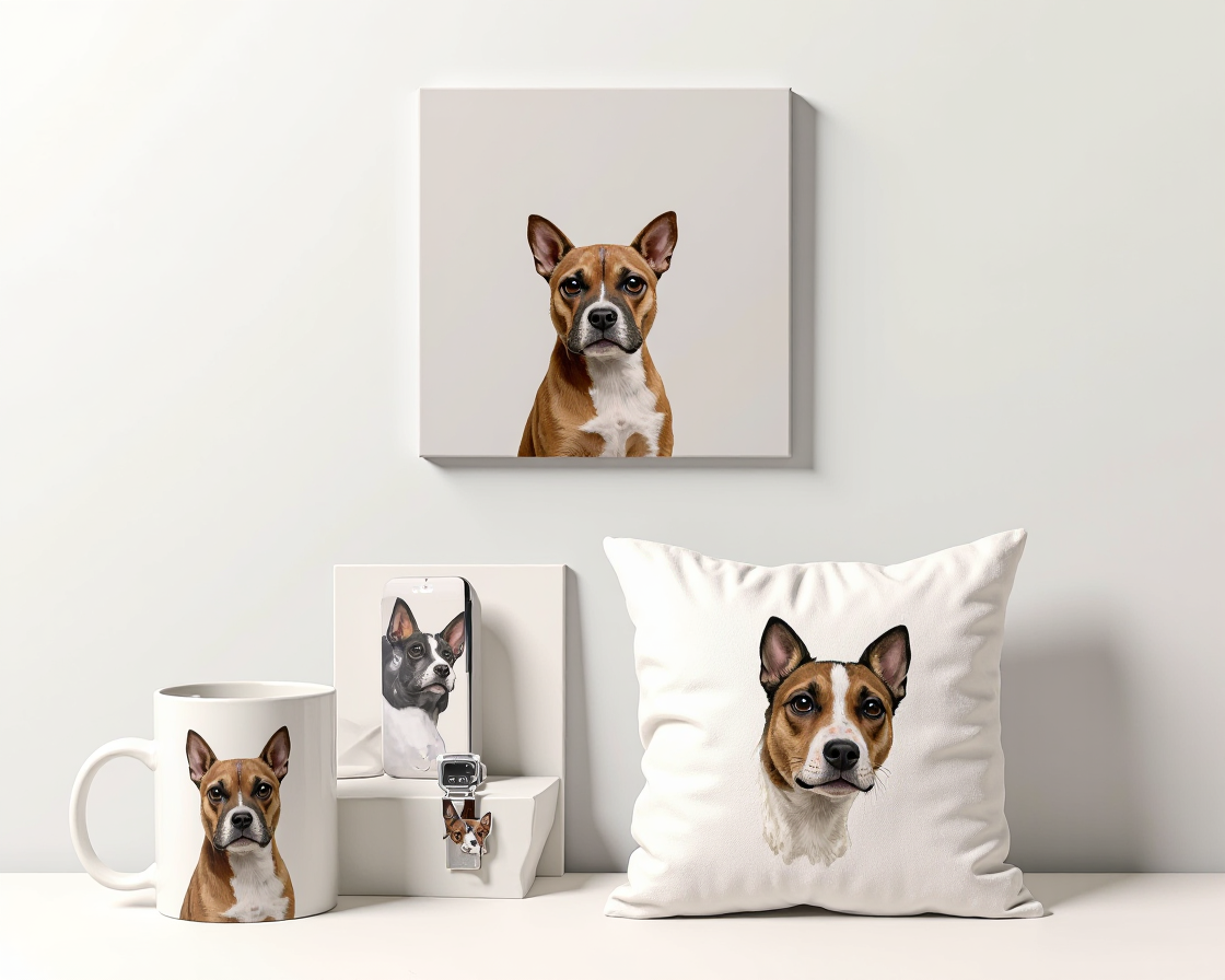 Custom pet portrait artwork printed on merchandise including canvas print mug phone case and throw pillow featuring the same stylized dog portrait