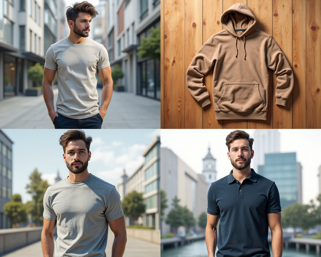 Collection of AI-generated apparel mockups showing t-shirts and hoodies with custom designs applied