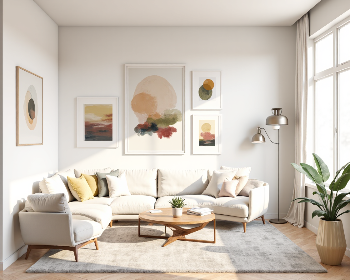 AI-generated home decor mockups showing artwork, pillows, and wall art in realistic interior settings
