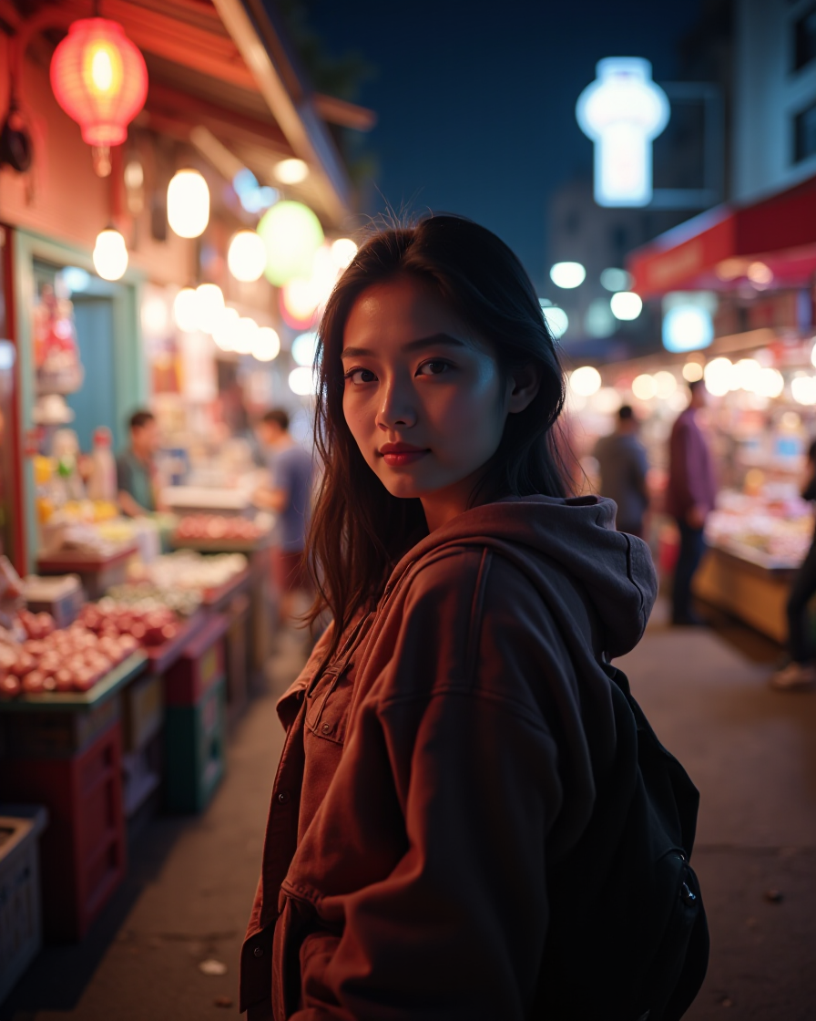 AI-generated cinematic portrait of a woman in a neon-lit street market at night with shallow depth of field and bokeh lights