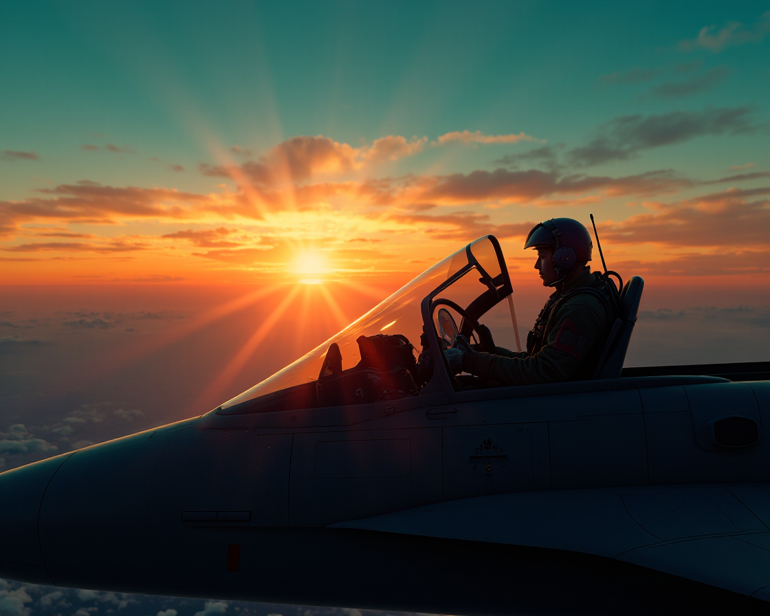AI-generated cinematic image of a fighter pilot in a cockpit at sunset with teal and orange color grading