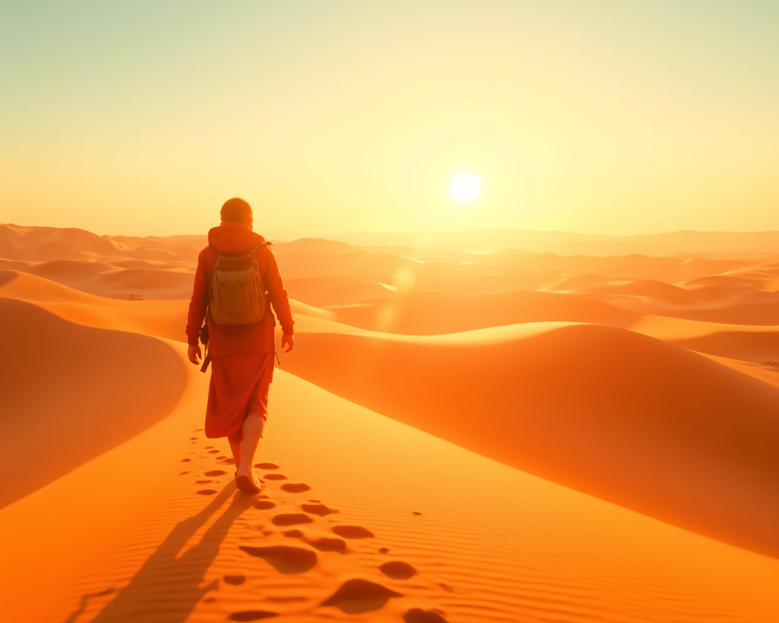 AI-generated cinematic shot of a desert traveler walking across sand dunes with anamorphic lens flare and 35mm film look