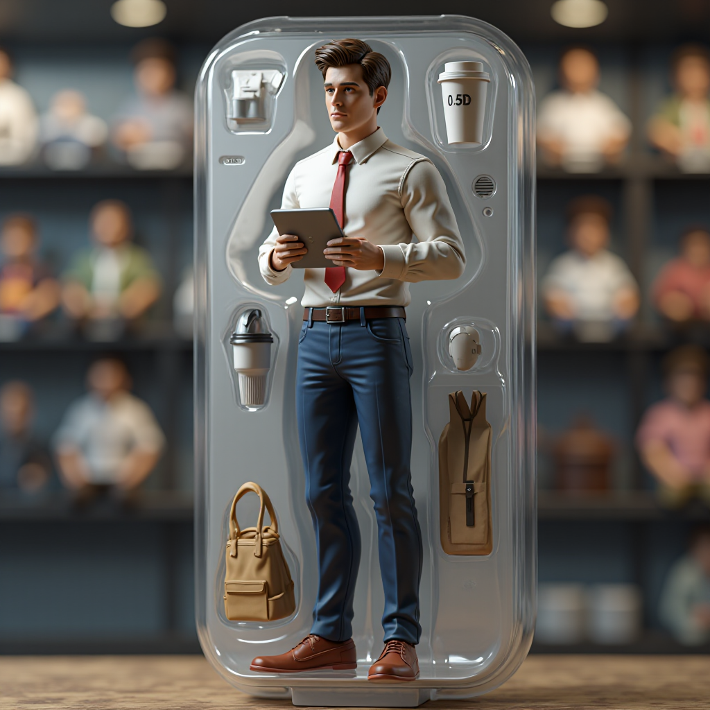 AI-generated action figure image of a person in collectible toy packaging with accessories