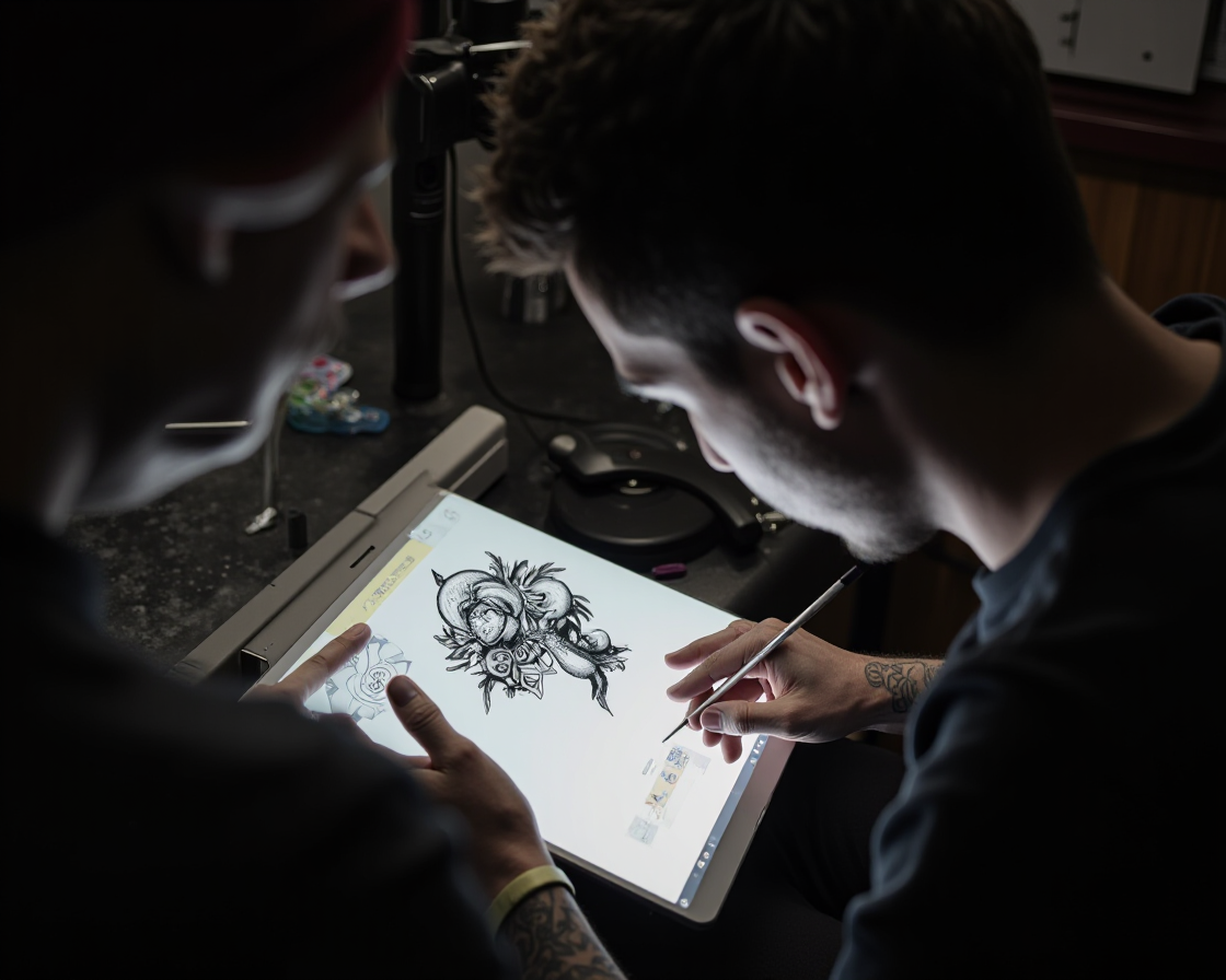 Tattoo artist and client collaborating on AI-generated design