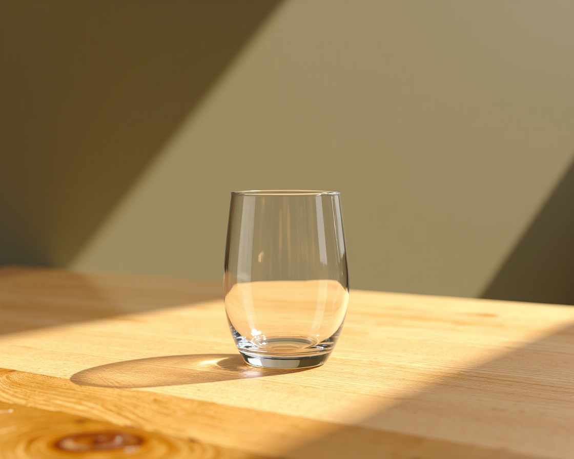 Glass vase composited onto a sunlit wooden table with perfectly matched directional shadows and light reflections demonstrating AI shadow matching