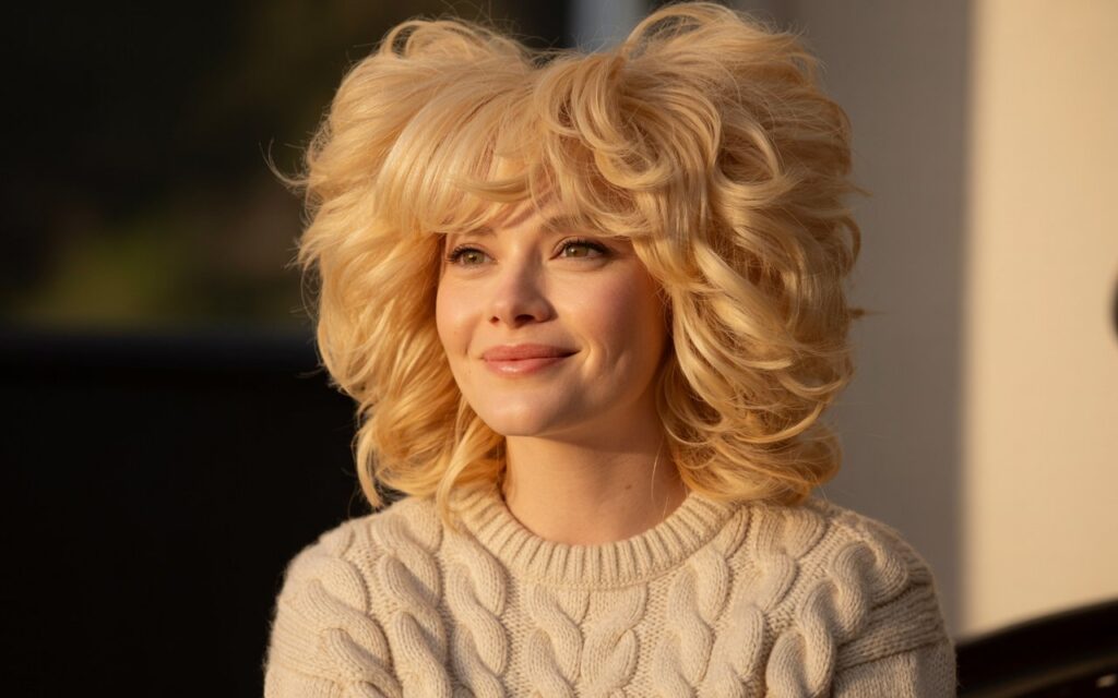 Stylish human character portrait inspired by a fluffy white pomeranian with soft blond hair warm smile and cozy sweater in cinematic lighting.