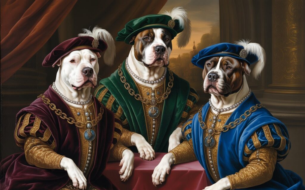 Group family portrait of three Pitbulls together in matching royal Renaissance style wearing elegant period clothing in classical oil painting composition.