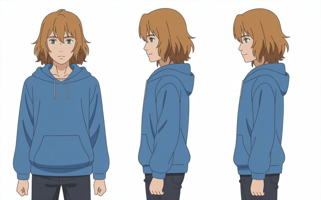 AI character reference sheet showing the same character from front profile and three-quarter angles with consistent features