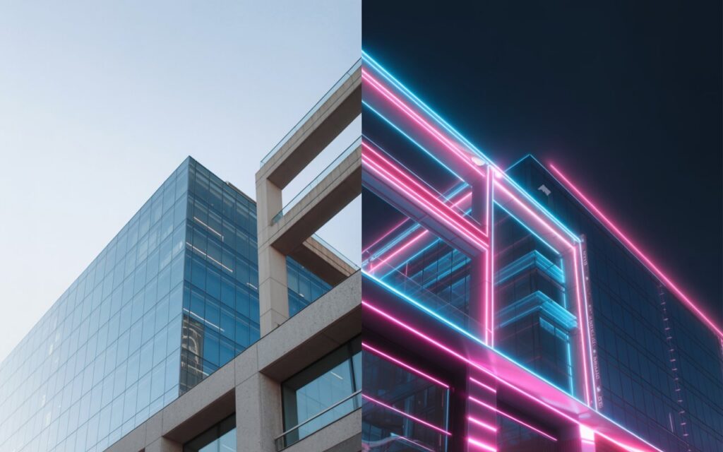 Creative split view showing a real photograph seamlessly transitioning into an AI-enhanced composite with neon elements blending into real architecture.