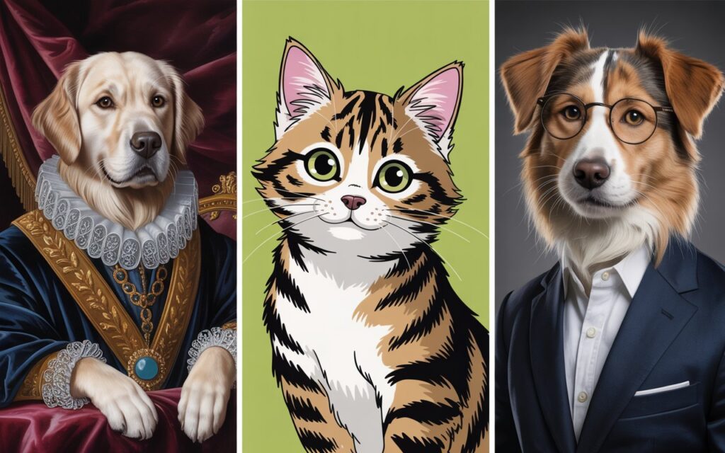 Collection of AI-generated pet portraits in different styles showing a dog as a royal oil painting a cat as a cartoon character and a dog humanized as a stylish person.