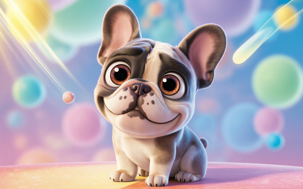 Cute cartoon illustration of a French bulldog character in Disney Pixar animation style with big expressive eyes and playful colorful background.