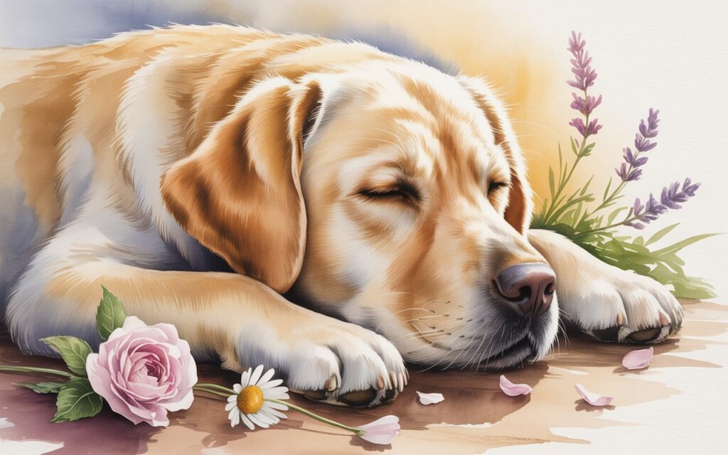 Gentle and emotional pet memorial portrait of a sleeping golden labrador in soft watercolor style surrounded by delicate flowers and warm light.