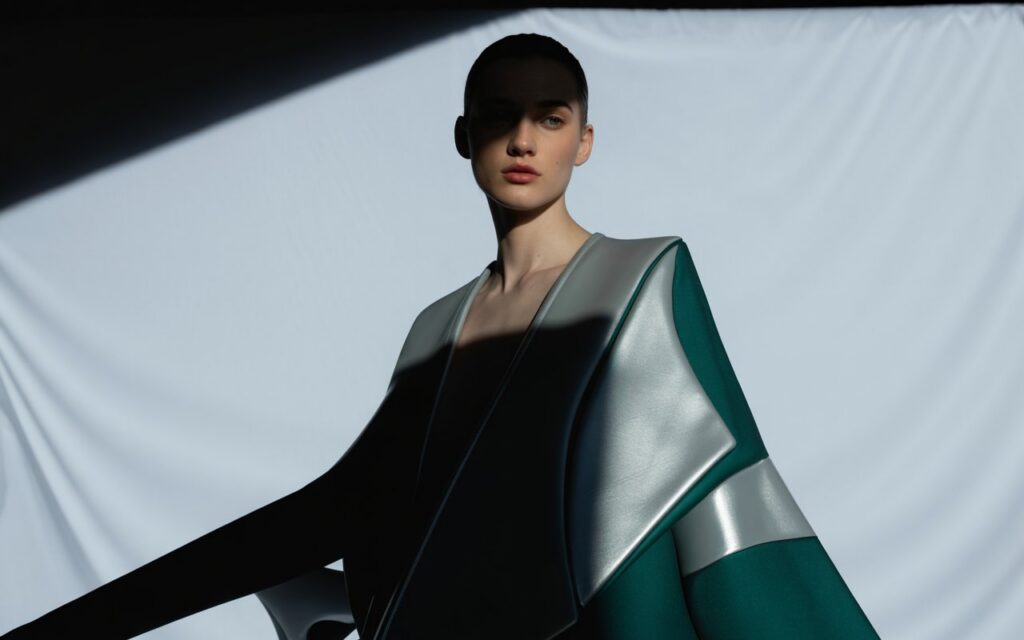 AI fashion photography showcasing a virtual model wearing a designer outfit in a professional studio setting with dramatic lighting.
