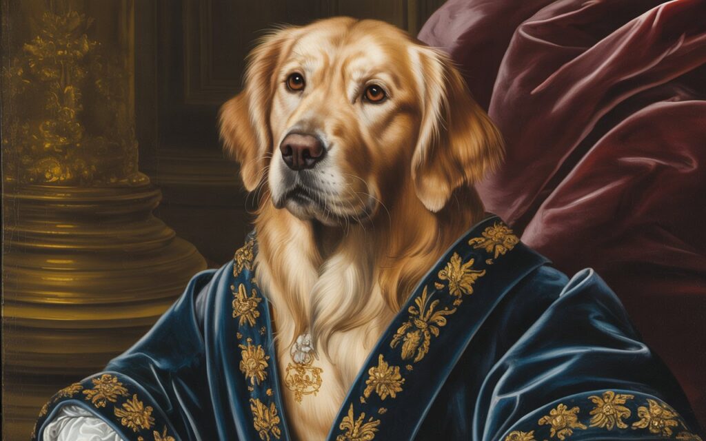 Majestic royal oil painting portrait of a golden retriever wearing a navy velvet coat with gold embroidery in Renaissance style.