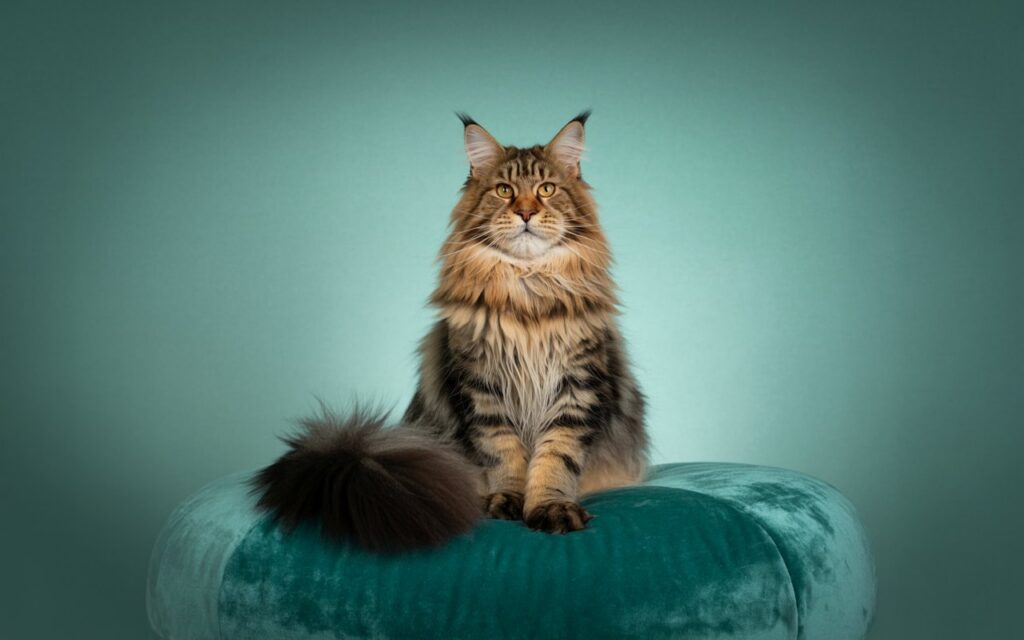 Studio portrait of an elegant maine coon cat sitting on a velvet cushion with soft teal background in minimalist pet photography style.