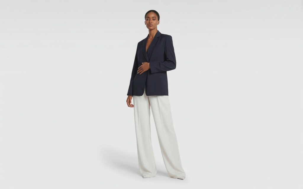 Professional e-commerce fashion photography showing a model in a casual blazer and white pants against a clean white studio background.