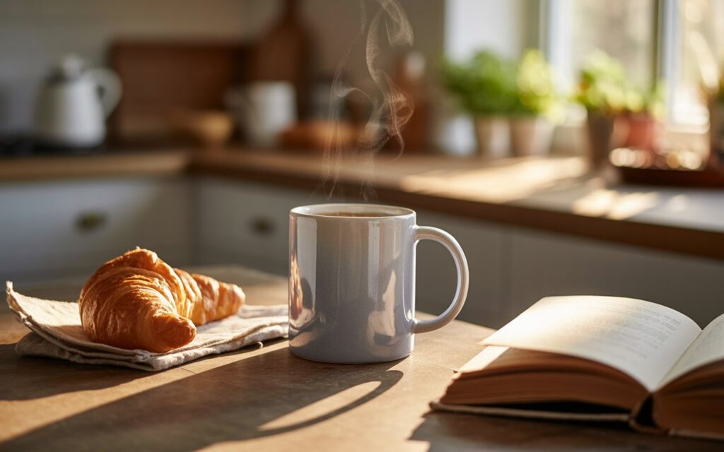 AI-generated lifestyle product photography showing a product staged in a warm cozy environment with natural morning light.