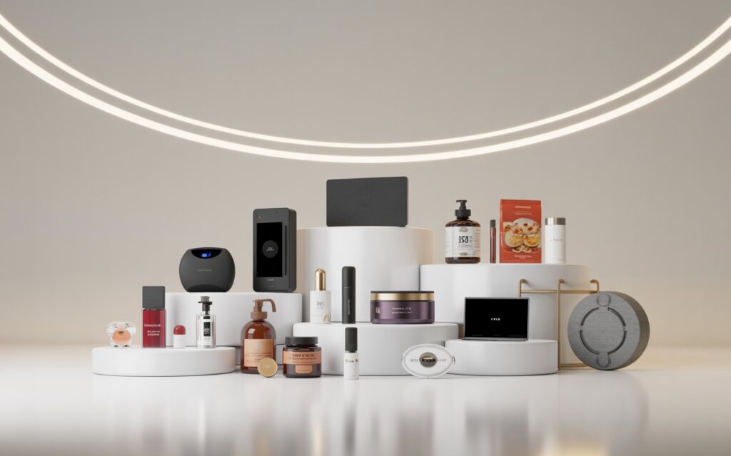 AI product photography showcase displaying professional studio-quality product images of consumer goods with clean backgrounds and perfect lighting.