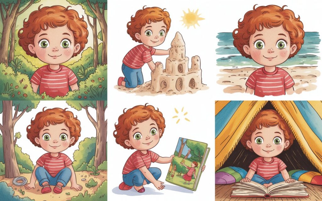 AI-generated children's book pages showing the same young character appearing consistently across different story scenes