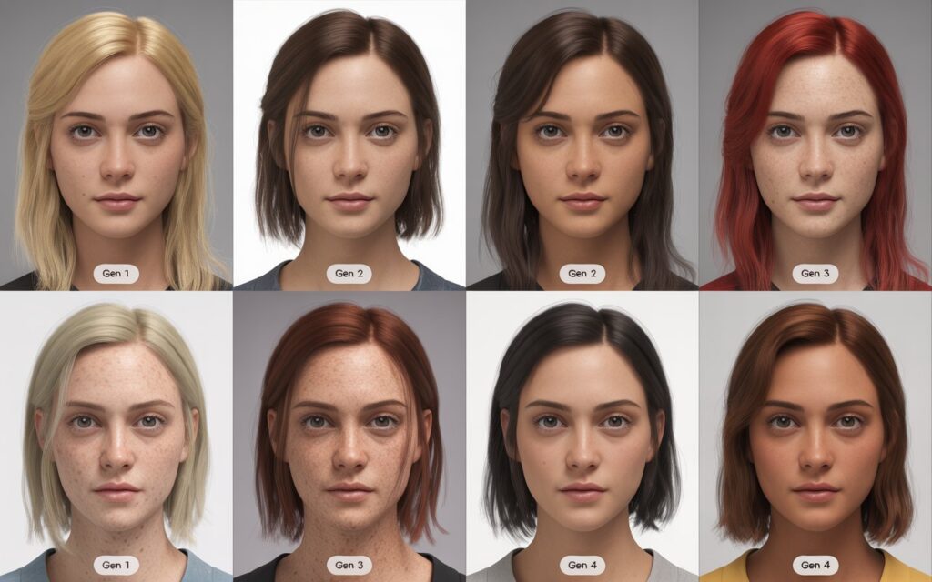 Character drift example showing the same AI prompt producing different faces and hair across four generations