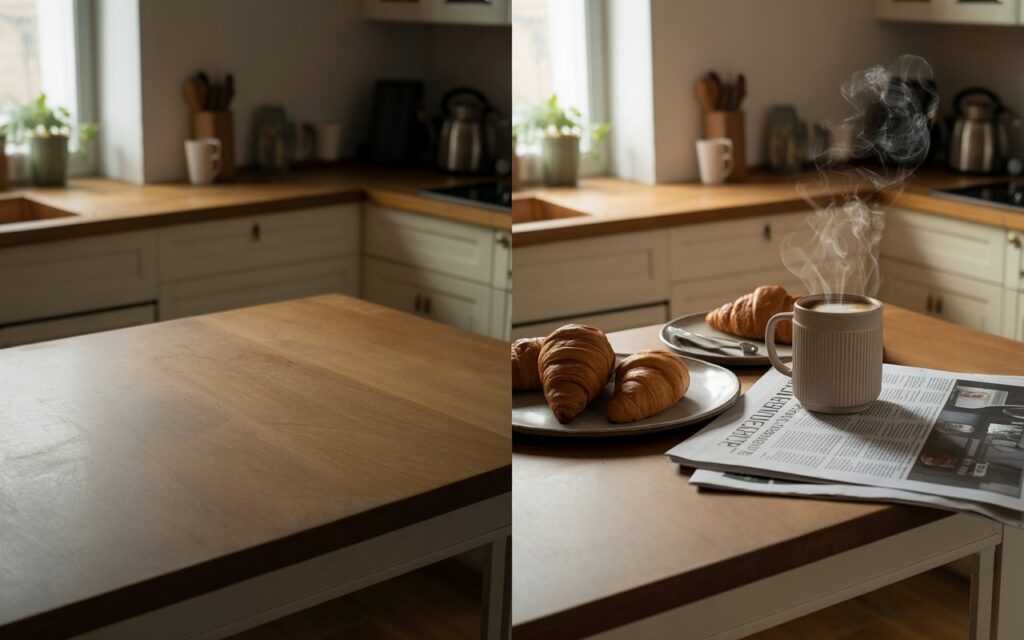 Before and after comparison of photo compositing showing an empty kitchen table transformed with AI-generated objects and matching shadows.