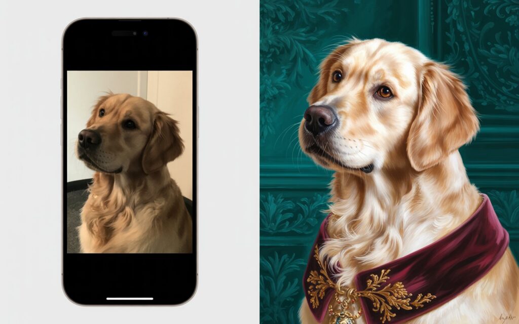 Before and after comparison of AI pet portrait showing a simple pet photo transforming into an elegant royal oil painting portrait.