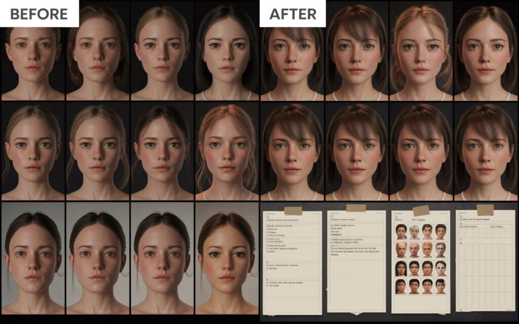 Before and after comparison showing inconsistent AI character generations versus consistent results after LoRA training and character bible creation