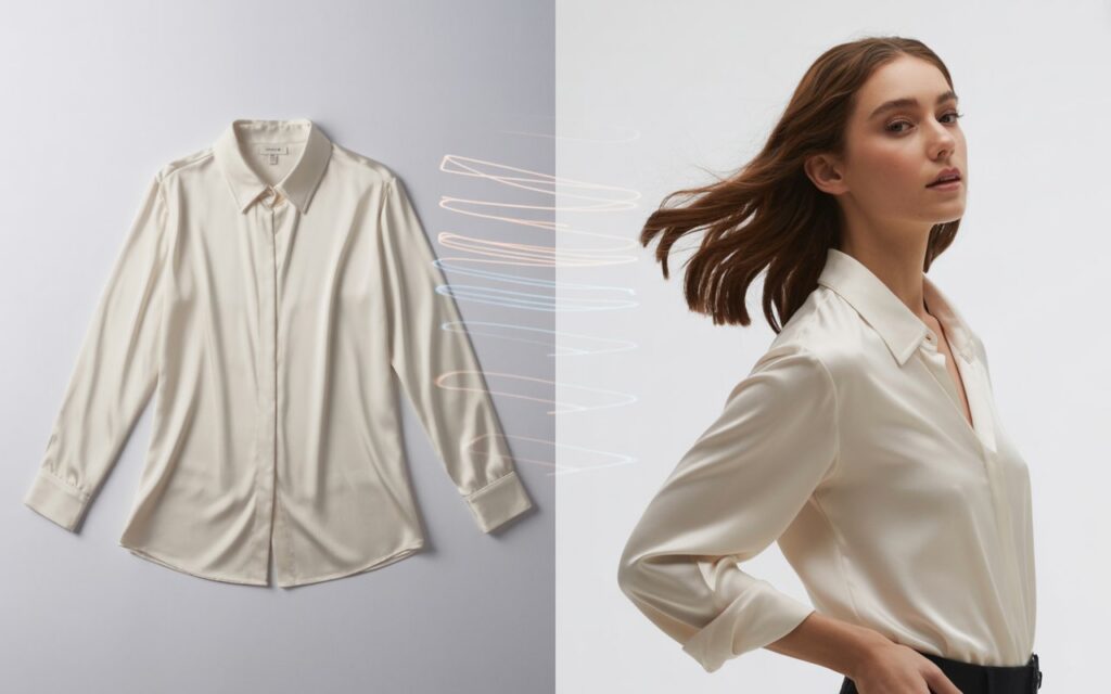 Fashion photography workflow showing a flat-lay garment being transformed into an on-model fashion image through AI processing.