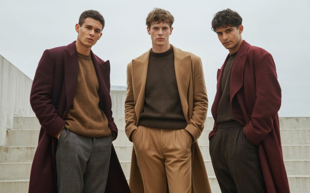 Editorial fashion lookbook photograph featuring models wearing coordinated autumn collection outfits in a minimalist setting.