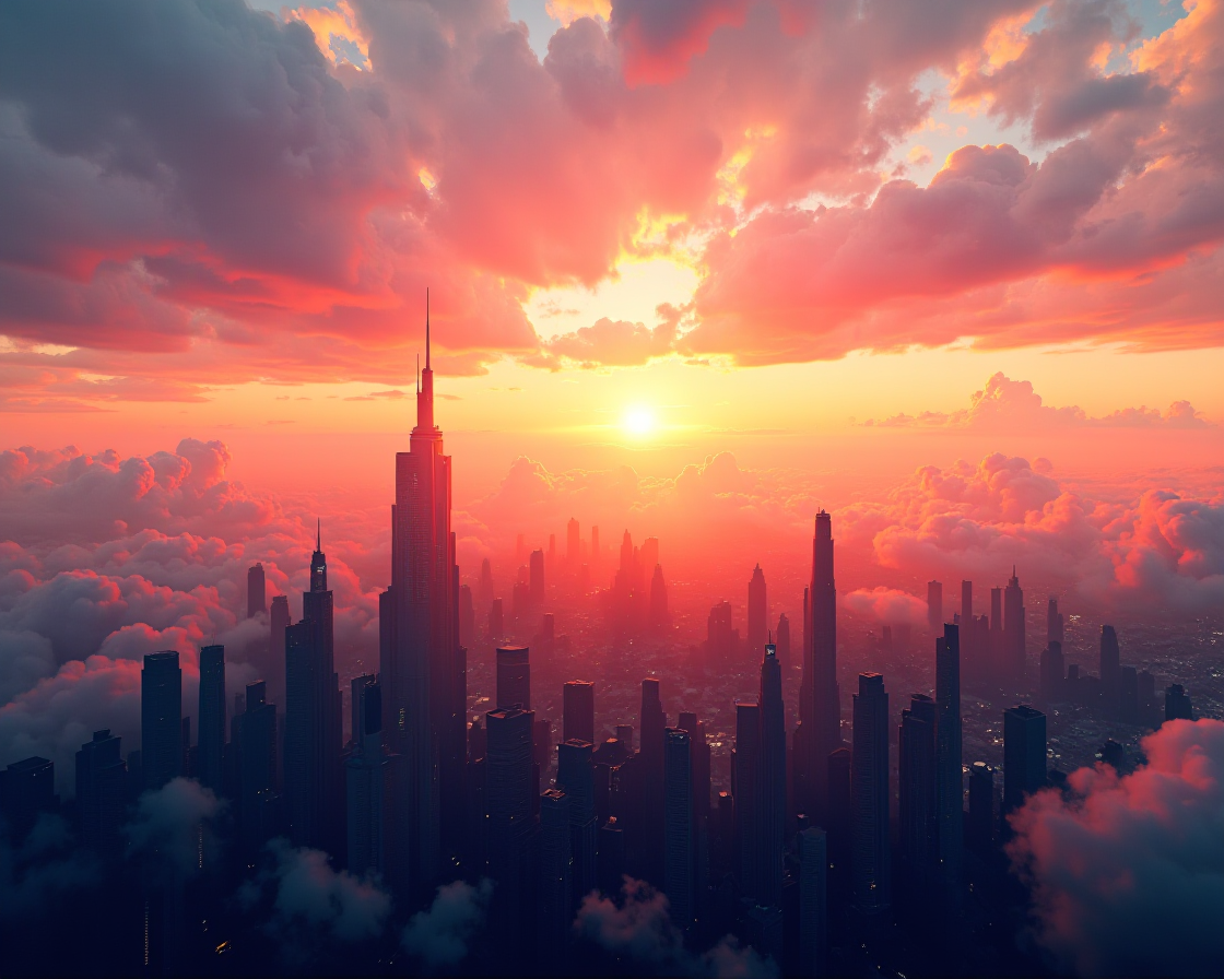 Wide cinematic AI-generated shot of a futuristic city skyline at sunset with dramatic clouds and epic scale