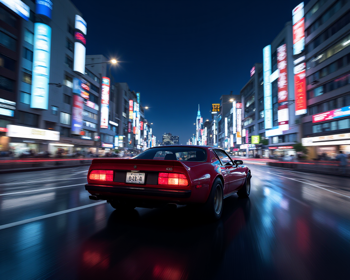 AI-generated cinematic action scene of a car chase through neon-lit Tokyo streets at night with motion blur